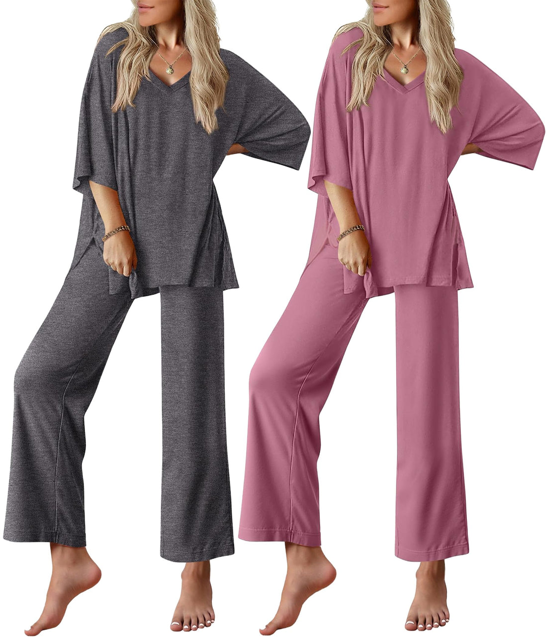 Ekouaer 2 Packs Lounge Sets for Women Short Sleeve Pajamas Set V Neck Top and Long Pants Comfy Pjs Outifts with Pockets