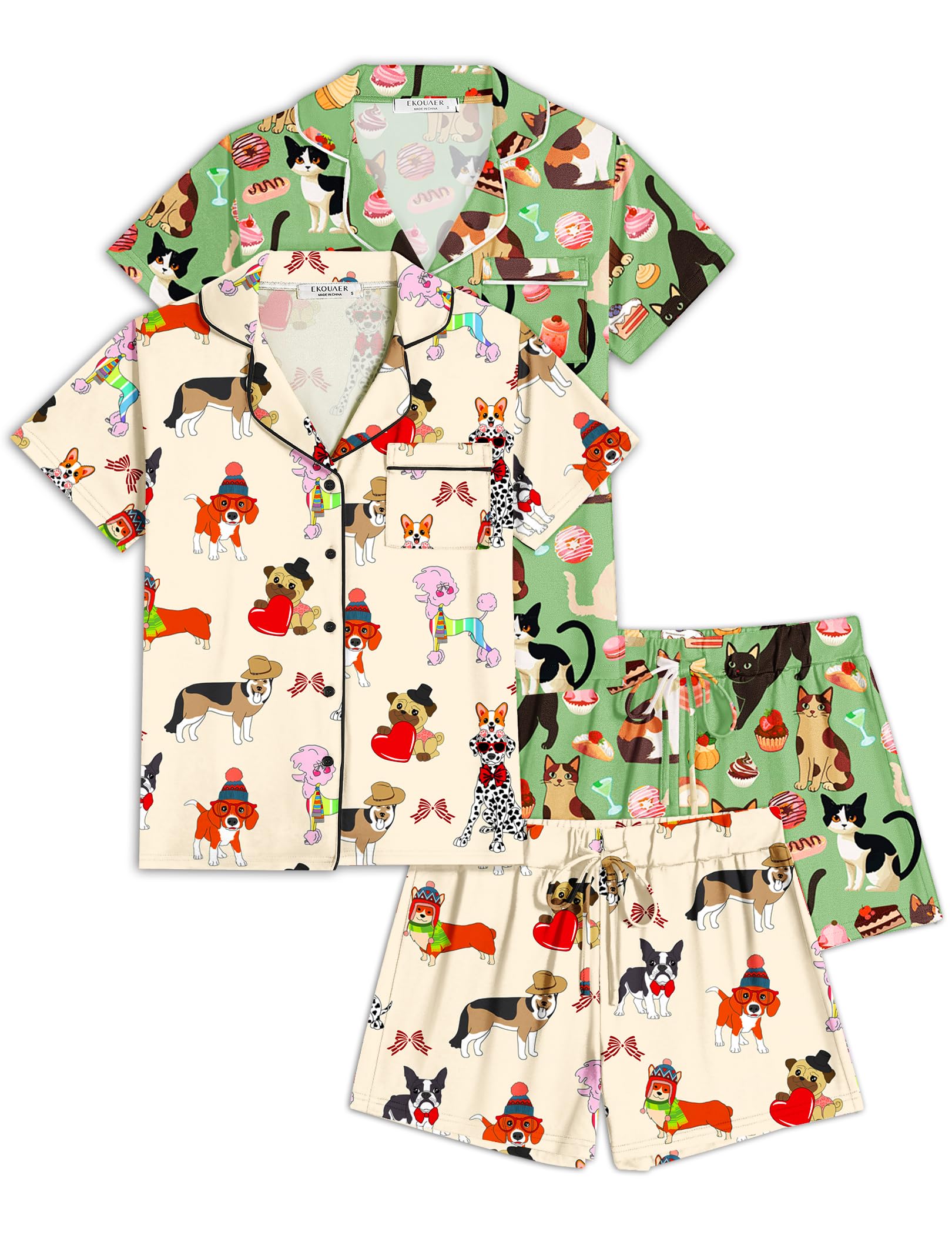 Ekouaer Womens Pajamas Set 2 Pack Button Down Summer Sleepwear Short Sleeve Comfy Pjs Loungewear Set