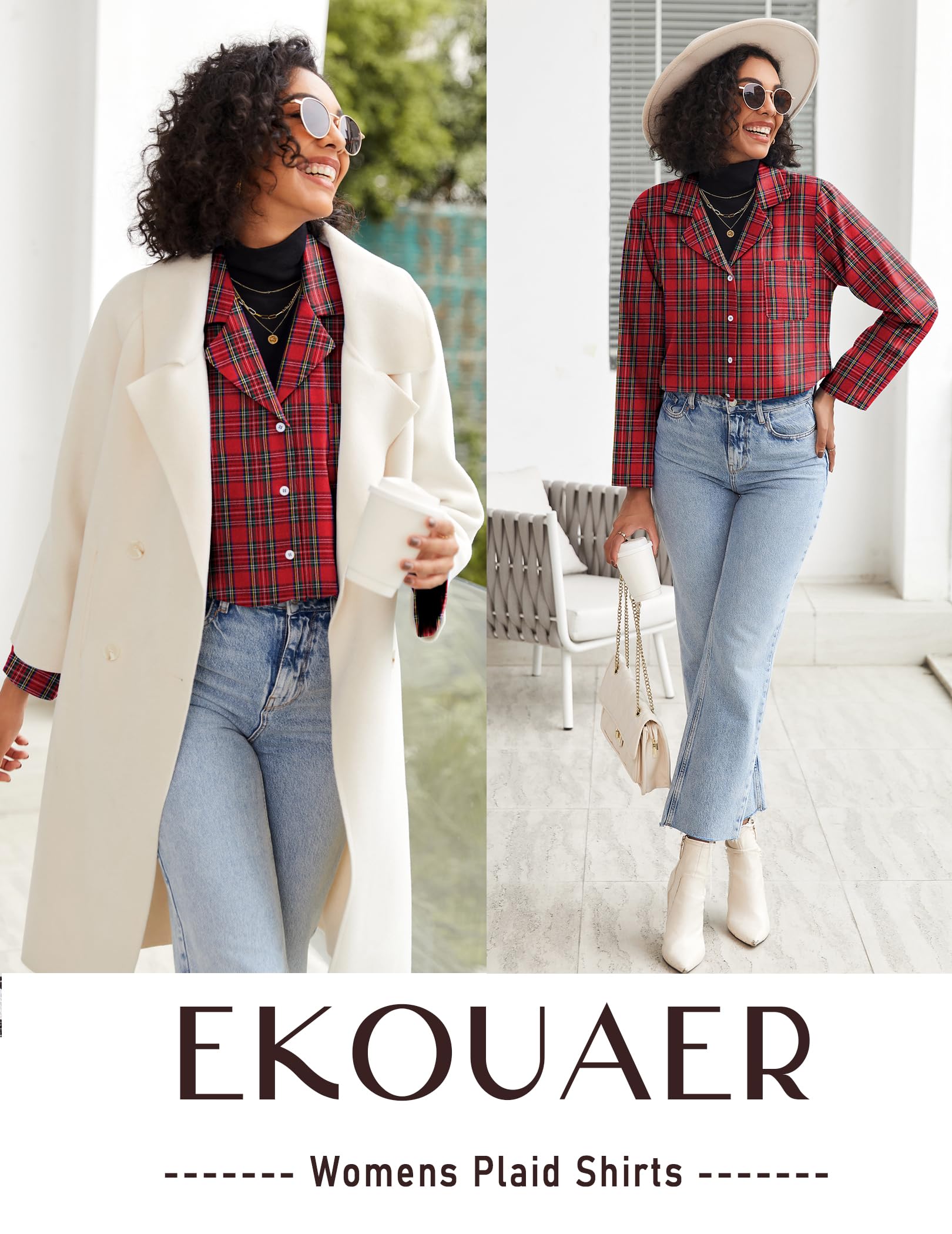 Ekouaer Womens Pajama Sets 2 Piece Cotton Plaid Pjs Long Sleeve Sleepwear Button Down Lounge Set with Pockets