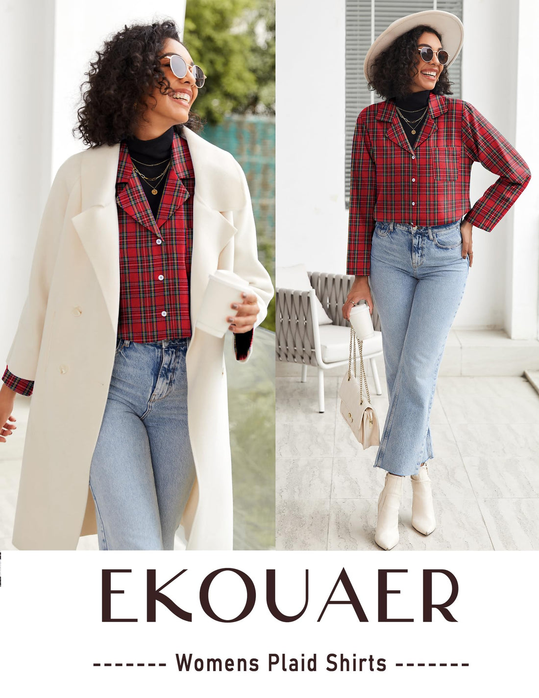 Ekouaer Womens Pajama Sets 2 Piece Cotton Plaid Pjs Long Sleeve Sleepwear Button Down Lounge Set with Pockets