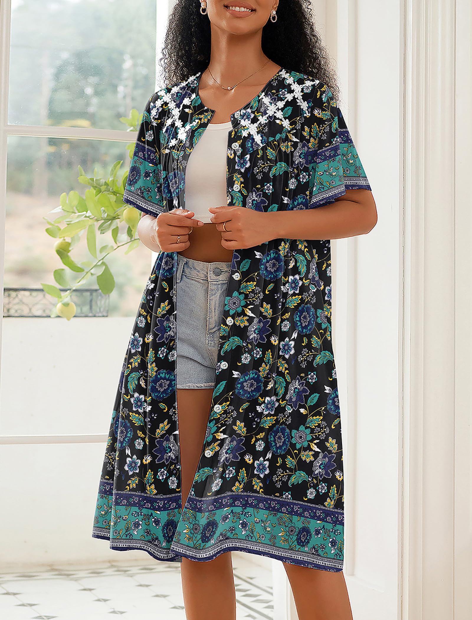 Ekouaer House Dress for Women Button Down Nightgown Short Sleeve Housecoat with pockets S-4XL WEBE CLOTHING