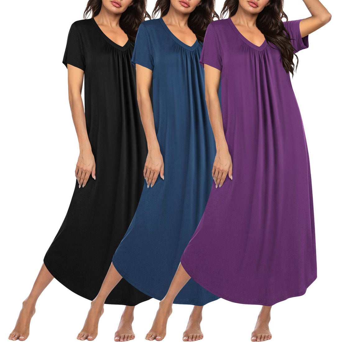 Ekouaer Long Nightgowns for Women 3 Pack House Dress Plus Size Moo Moos | V Neck Night Gowns,Short Sleeve Sleep Dress,Ladies Lounge Dress,Soft Sleep Shirt,Casual Night dress for Sleeping,Daily Wear WEBE CLOTHING