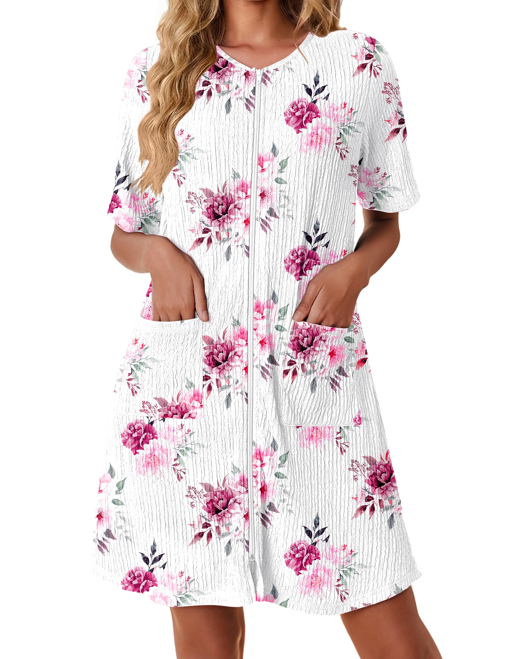Ekouaer Women Zipper Robes Knit Short Bathrobe Lightweight House Coat with Pockets Soft Nightgown S-XXL WEBE CLOTHING