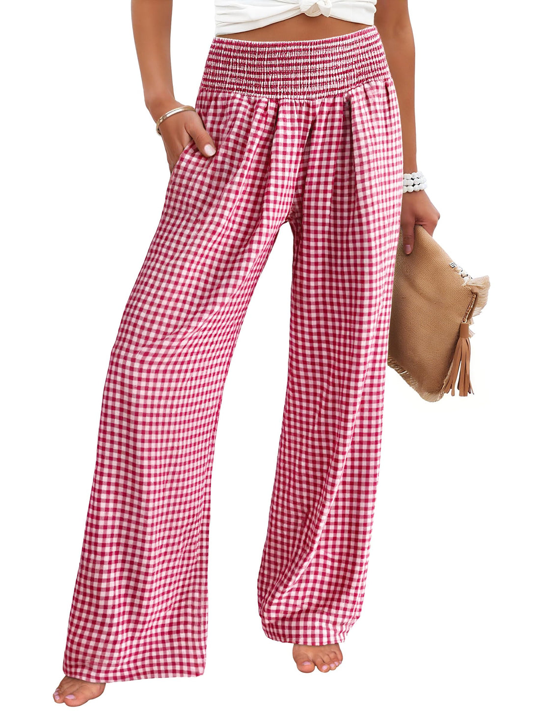 ANRABESS Womens Striped Gingham Palazzo Pants | Wide Leg Smocked High Waisted Pajama Pants, Lounge & Casual, Summer Fall Cute Pants with Pockets