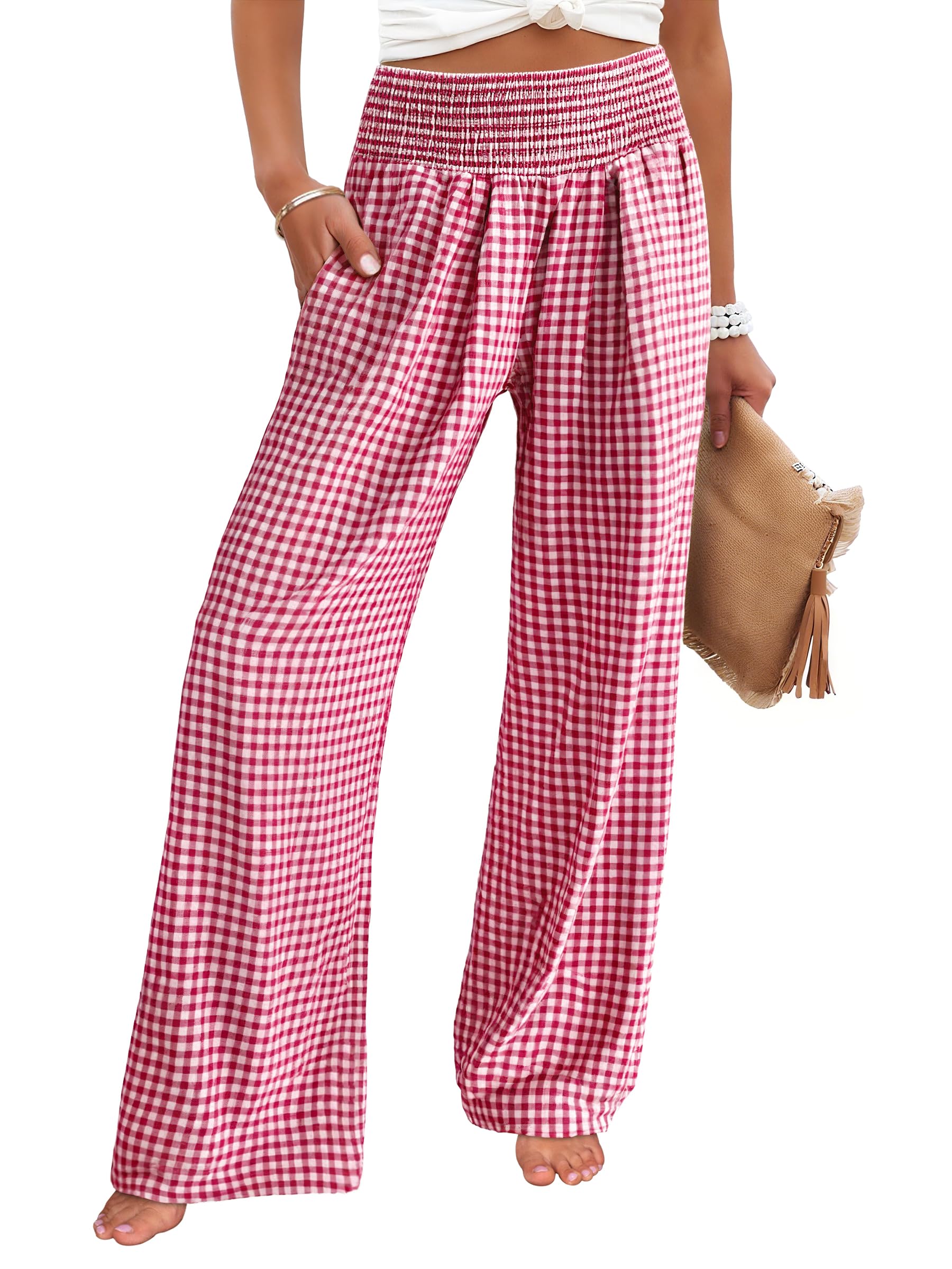 ANRABESS Womens Striped Gingham Palazzo Pants | Wide Leg Smocked High Waisted Pajama Pants, Lounge & Casual, Summer Fall Cute Pants with Pockets