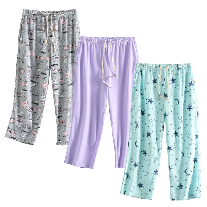 PNAEONG 3 Pack Women Pajama Pants Capri Length Drawstring Pj Bottoms Sleep Lounge Pants with Pockets S-3XL