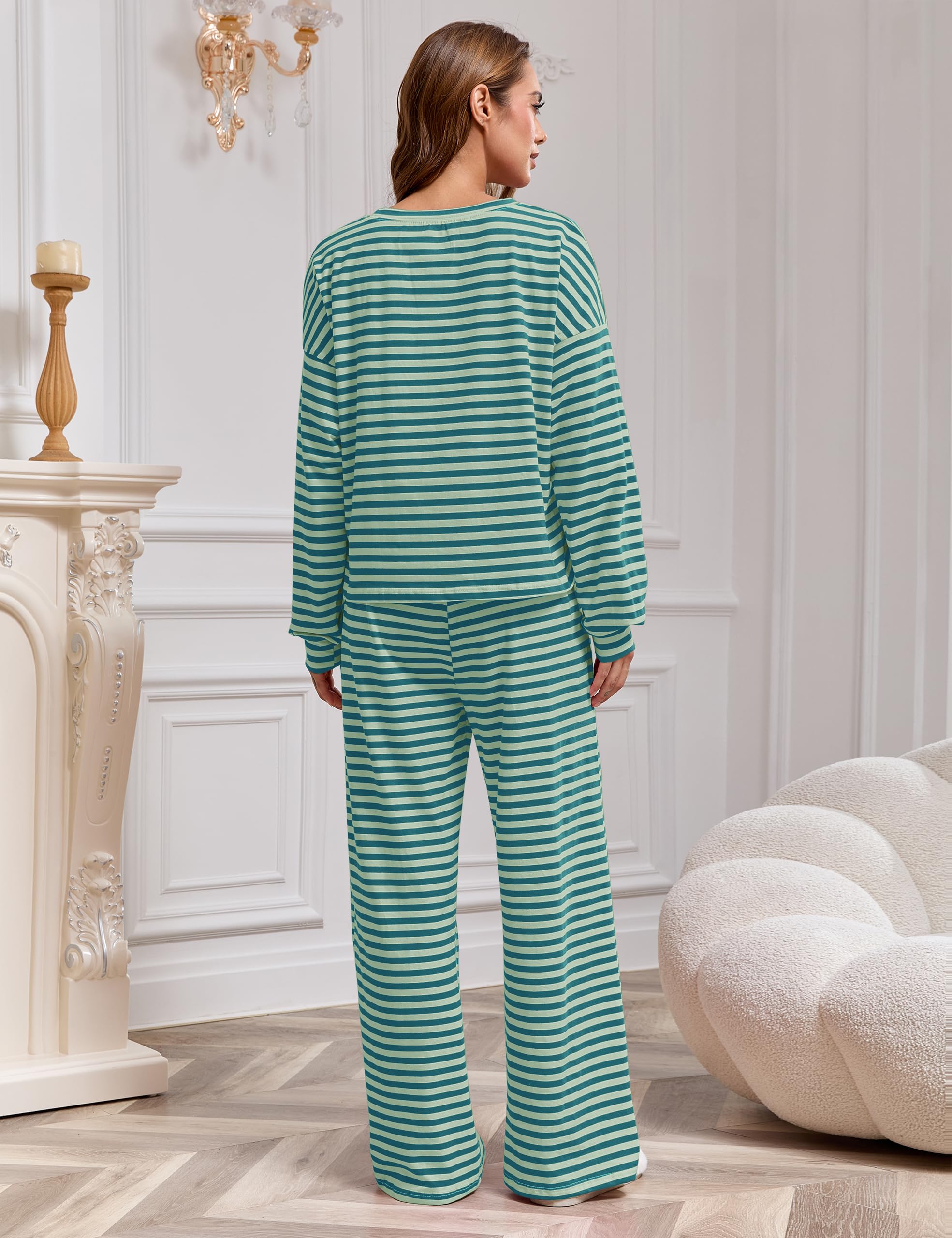 MISSACTIVER Women's Striped 2 Piece Lounge Set Casual Long Sleeve T-Shirt Drawstring Wide Leg Pants Matching Pajamas Set