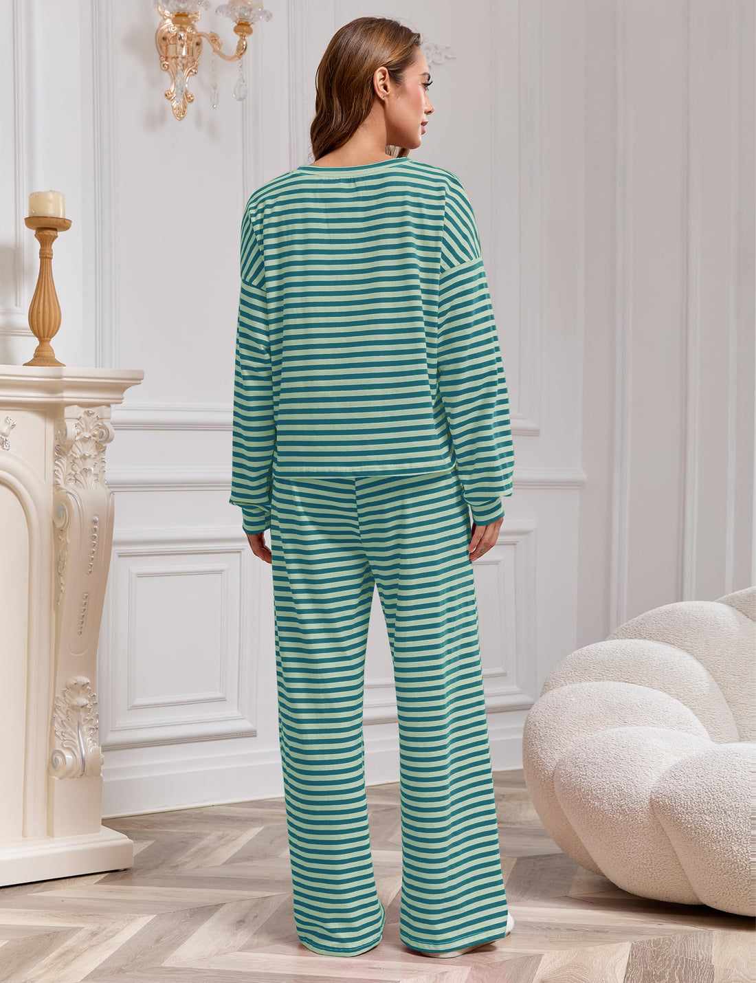 MISSACTIVER Women's Striped 2 Piece Lounge Set Casual Long Sleeve T-Shirt Drawstring Wide Leg Pants Matching Pajamas Set