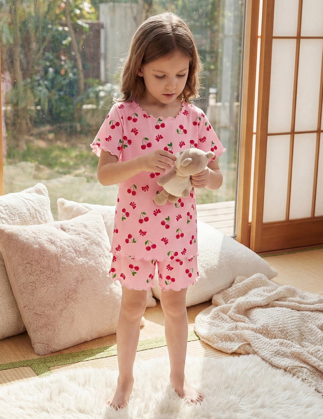 Arshiner Girls Pajama Set Short Sleeve Lounge Set Soft Shirring Summer Sleepwear Pj Sets