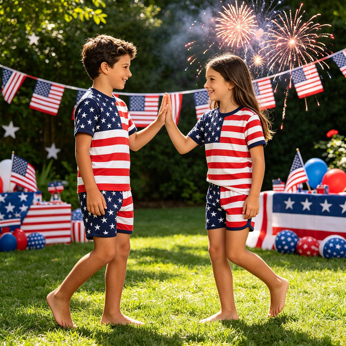 Family Matching 4th Of July Pajamas Sets-Patriotic Short Sleeve Stars and Stripes Pjs for Adult Kids|Flag Gifts