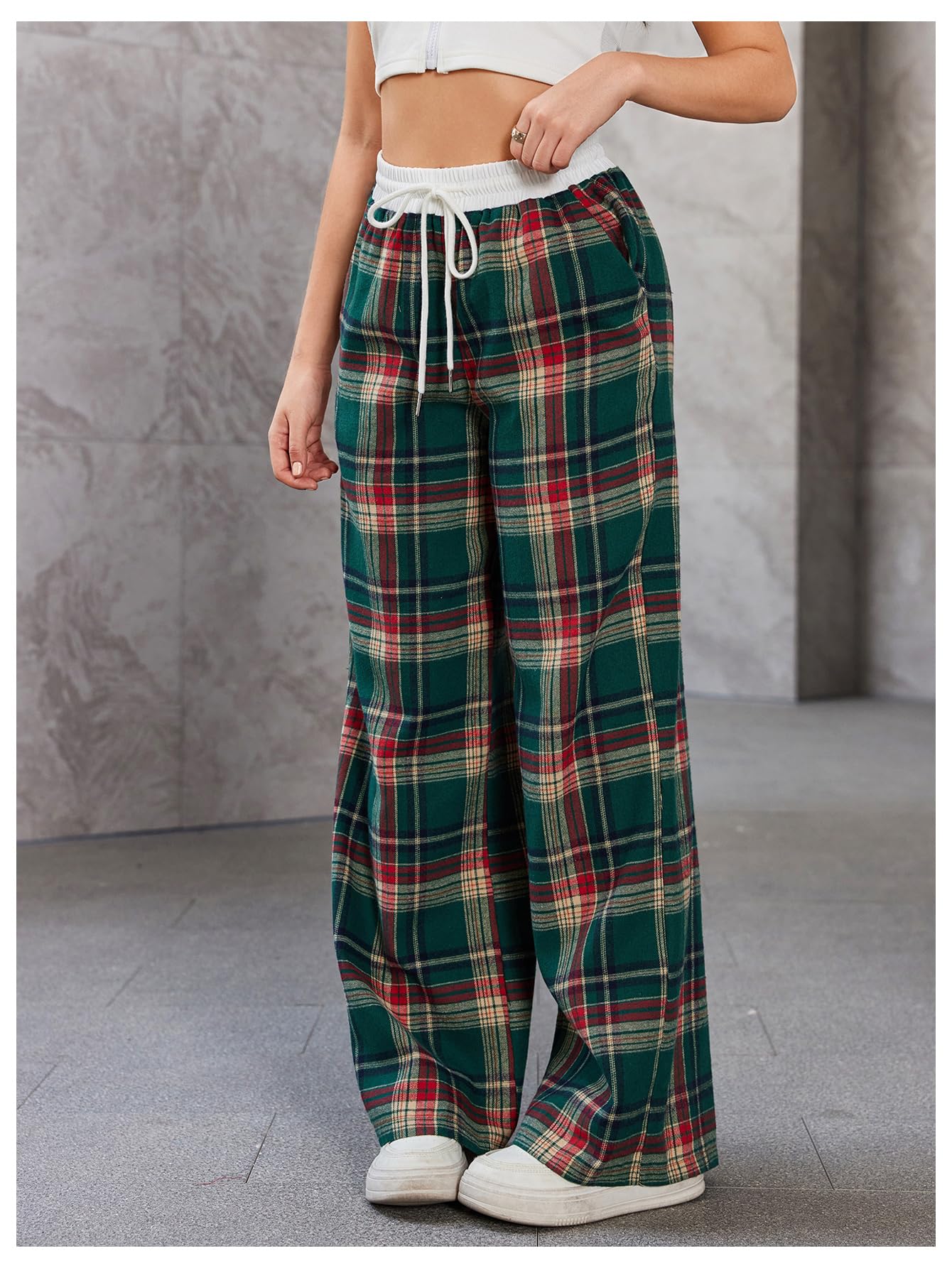 SOLY HUX Women's Plaid Checkered Pants Flannel Pajama Pants Lounge Wide Leg Baggy Sweatpants with Pockets