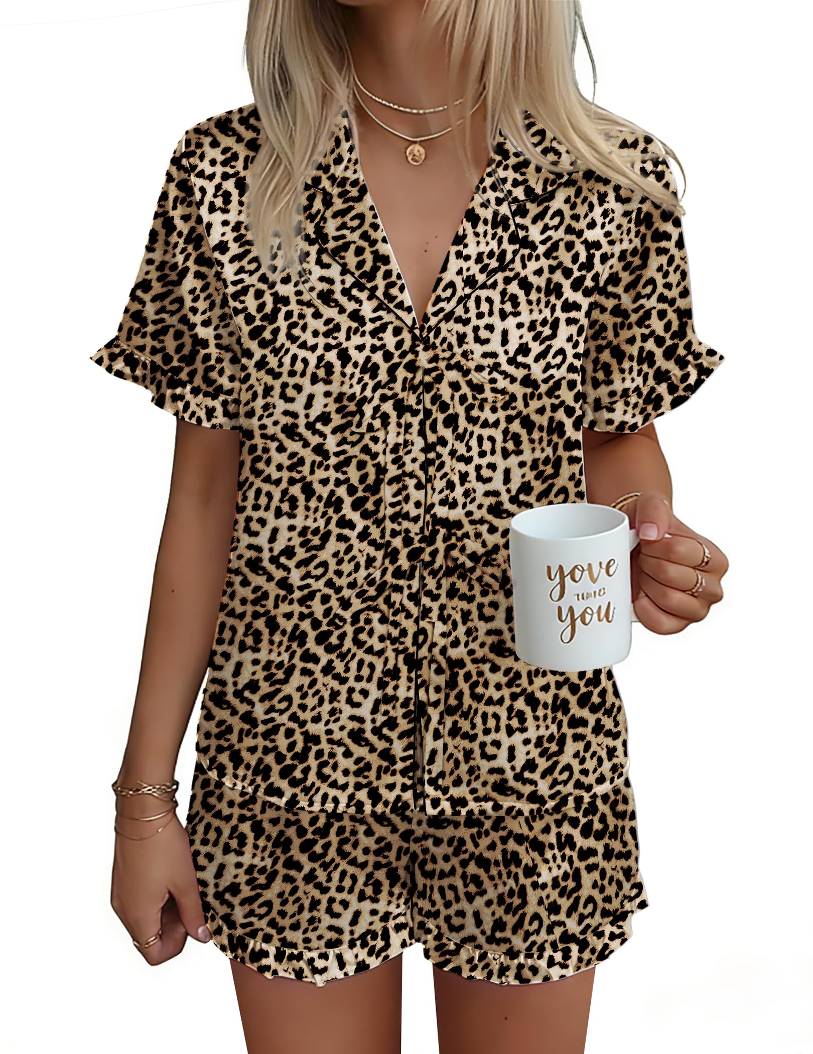 Ekouaer Satin Pajama for Women Short Sleeve Silky Pj Short Set Bow Front Tie Up Loungewear Sleepwear