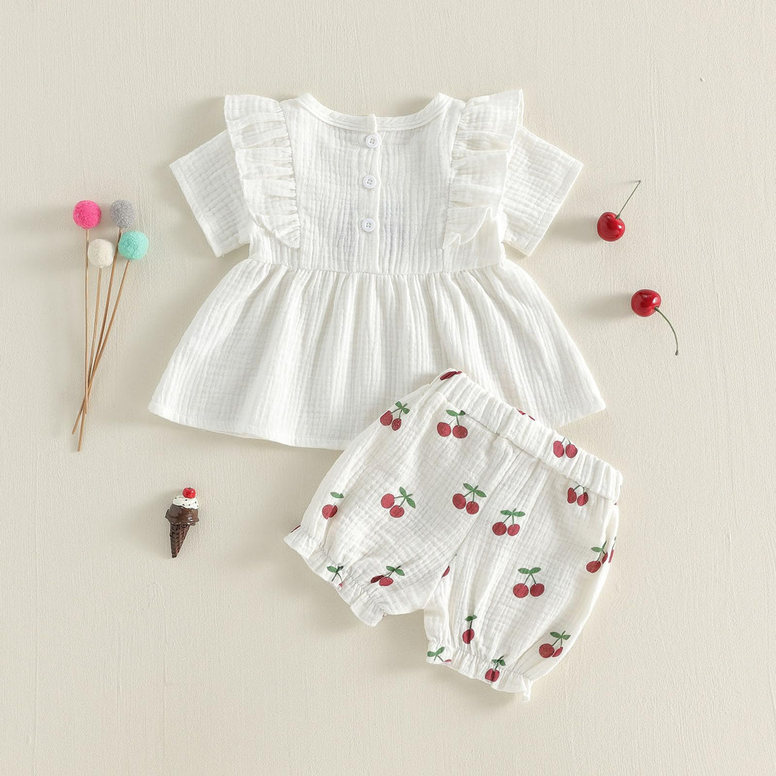 Amnnchya Toddler Girl Clothes Baby Summer Spring Outfits Cute Bow Button Smocked Ruffle Sleeve Tops ＋ Girls Shorts Set WEBE CLOTHING