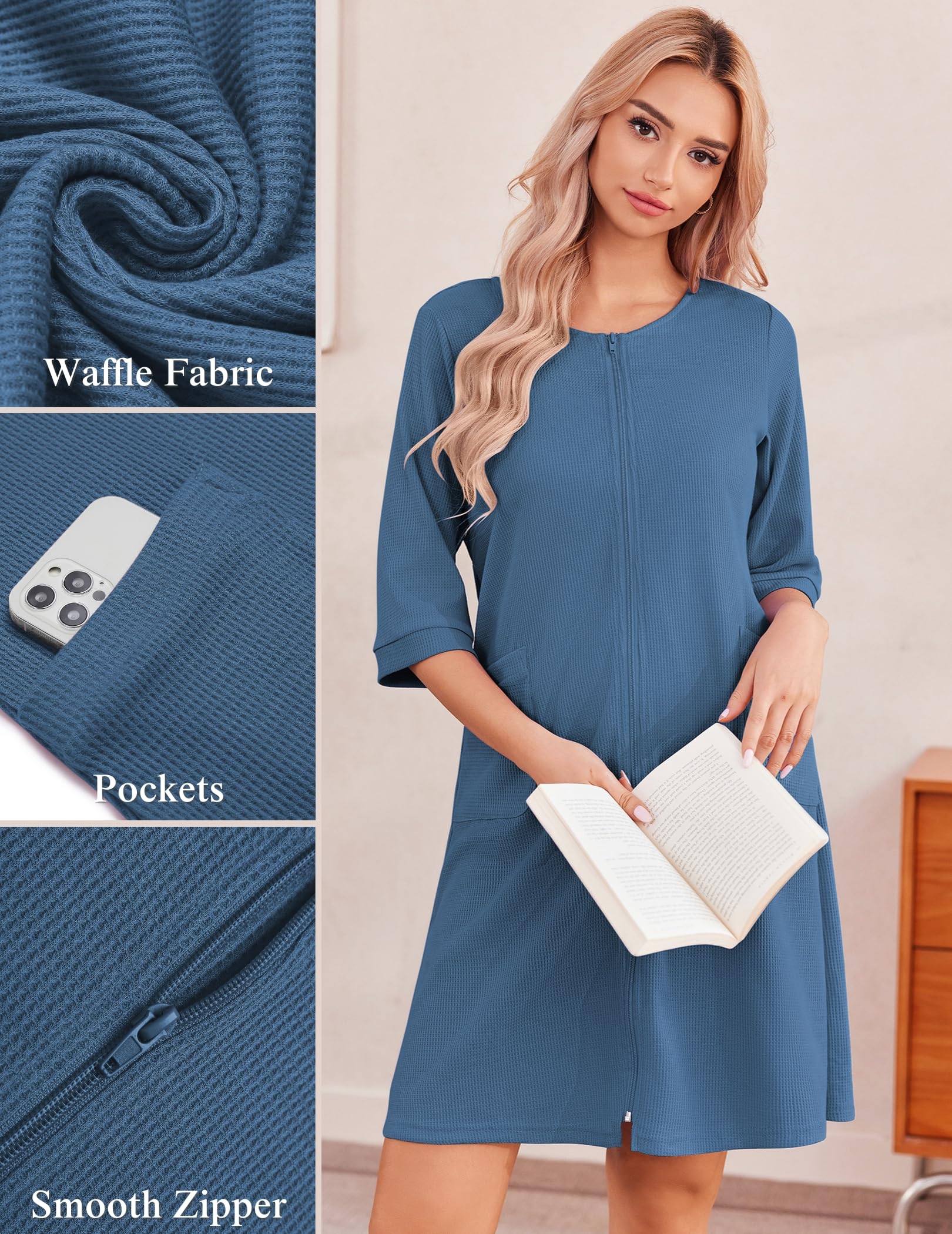 Ekouaer Zip Up Robes for Women Short Waffle Bathrobe Lightweight house coat 3/4 Sleeve Soft Nightgown with Pockets S-3XL WEBE CLOTHING