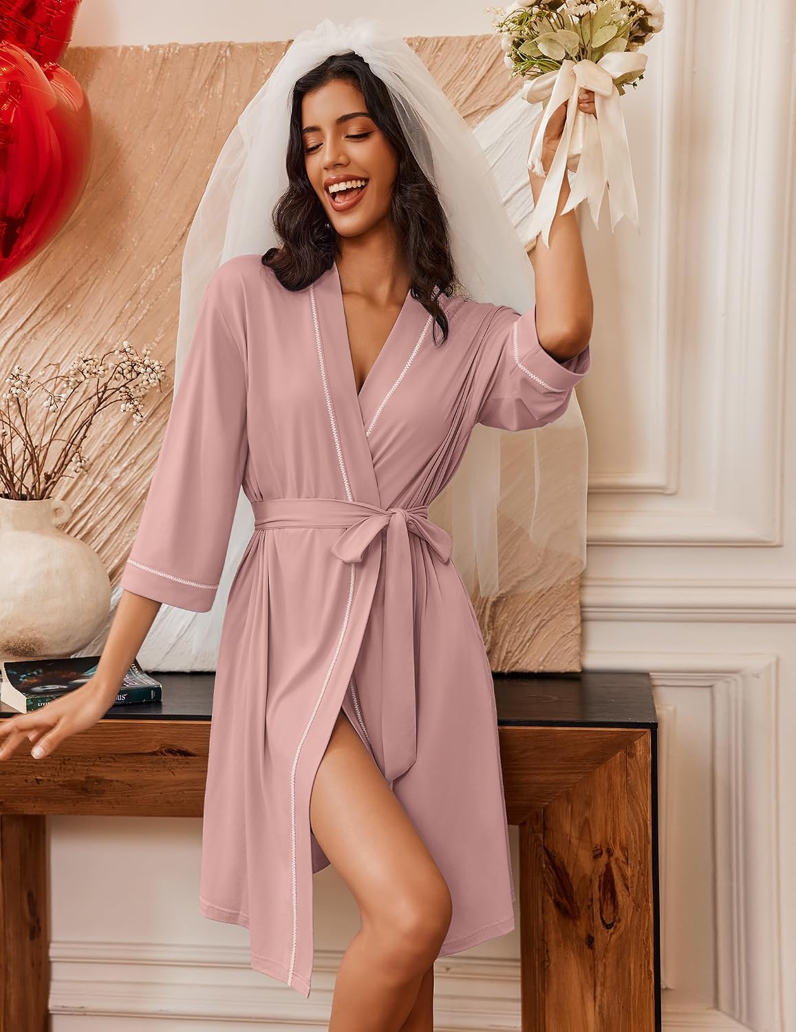 Ekouaer Robes for Women 3/4 Sleeve Knee Length Bathrobe with Pockets | Lightweight, Kimono,Sleepwear,Soft,Comfy,Floral Print,House Coat