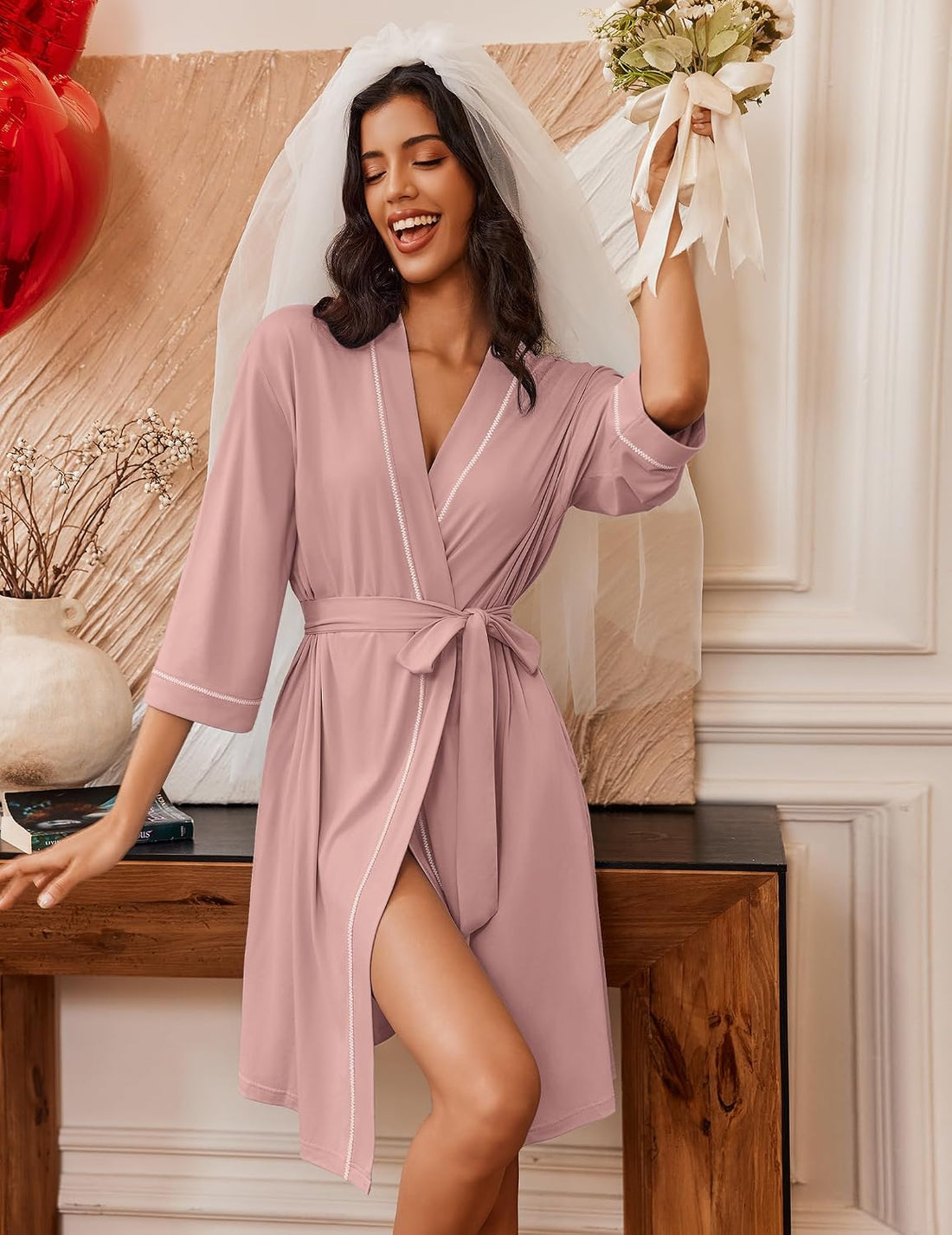 Ekouaer Robes for Women 3/4 Sleeve Knee Length Bathrobe with Pockets | Lightweight, Kimono,Sleepwear,Soft,Comfy,Floral Print,House Coat