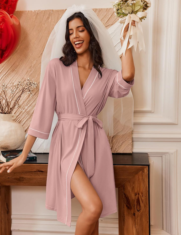Ekouaer Robes for Women 3/4 Sleeve Knee Length Bathrobe with Pockets | Lightweight, Kimono,Sleepwear,Soft,Comfy,Floral Print,House Coat