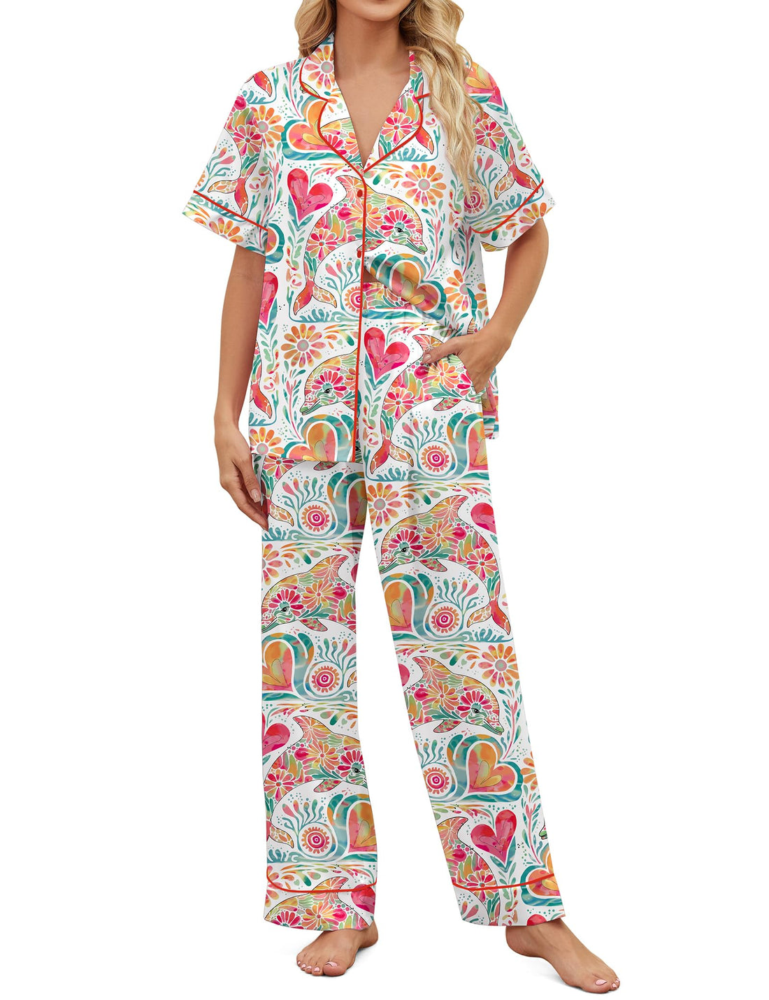 SHESHOW Satin Pajamas for Women Set Button Down Sleepwear Print Pjs Set 2 Piece Short Sleeve Long Loungewear Size XS-XXL WEBE CLOTHING
