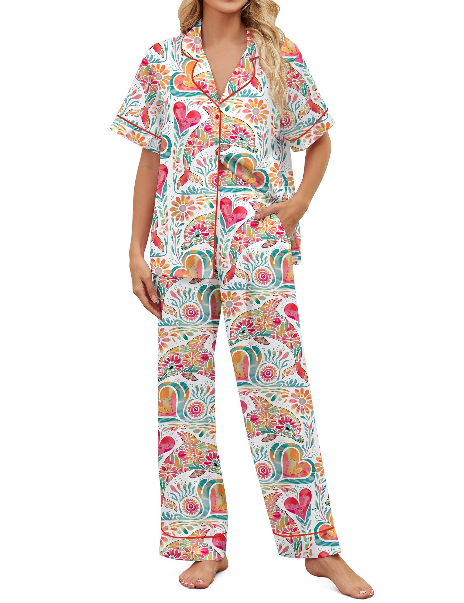SHESHOW Satin Pajamas for Women Set Button Down Sleepwear Print Pjs Set 2 Piece Short Sleeve Long Loungewear Size XS-XXL WEBE CLOTHING