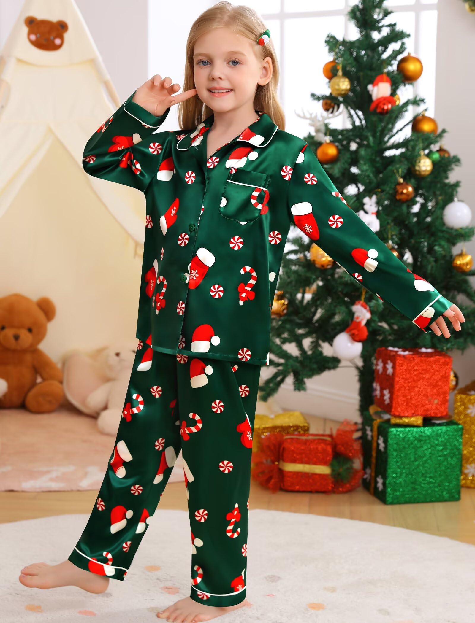 SWOMOG Family Matching Pajama Set 2Pcs Silk Satin Sleepwear Long Sleeve Button Down Loungewear