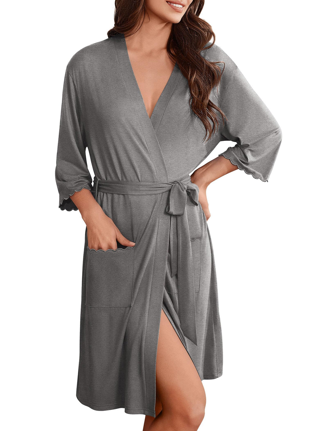 Ekouaer Robes for Women Knee Length Kimono Bathrobe Lightweight 3/4 Sleeve Sleepwear Soft Loungewear with Pockets S-XXL WEBE CLOTHING