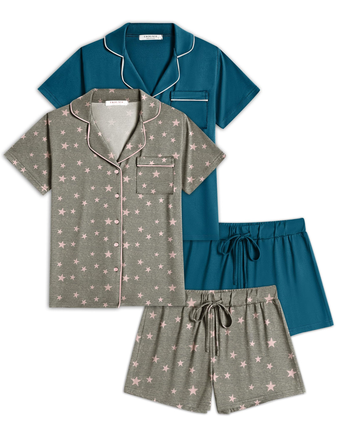 Ekouaer Womens Pajamas Set 2 Pack Button Down Summer Sleepwear Short Sleeve Comfy Pjs Loungewear Set