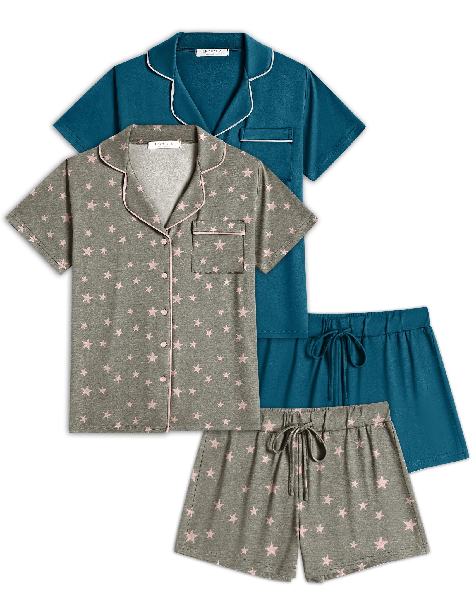 Ekouaer Womens Pajamas Set 2 Pack Button Down Summer Sleepwear Short Sleeve Comfy Pjs Loungewear Set