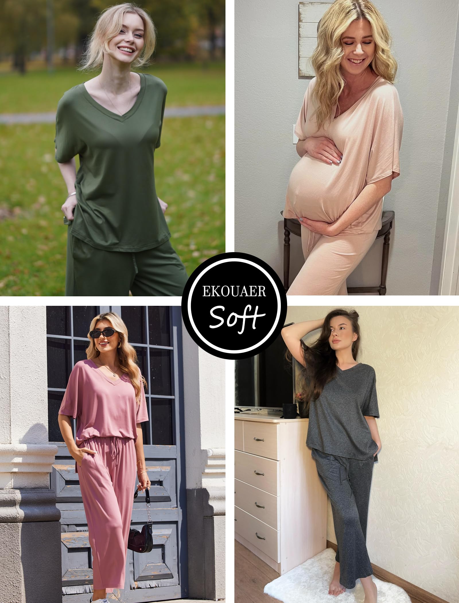 Ekouaer Lounge Sets for Women Short Sleeve Tops and Long Pants Pajamas Set | Comfy V Neck Top and Loose Fit Pants, Fashion Oversized style, ideal for Home relaxation, Daily Wear & Maternity WEBE CLOTHING
