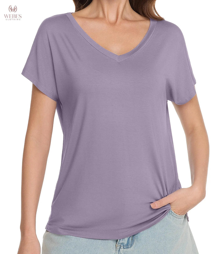WiWi Bamboo Viscose Shirts for Women, Super Soft Short Sleeve Sleep Pajama Tops, Cooling Satin V Neck Summer Lounge Wear
