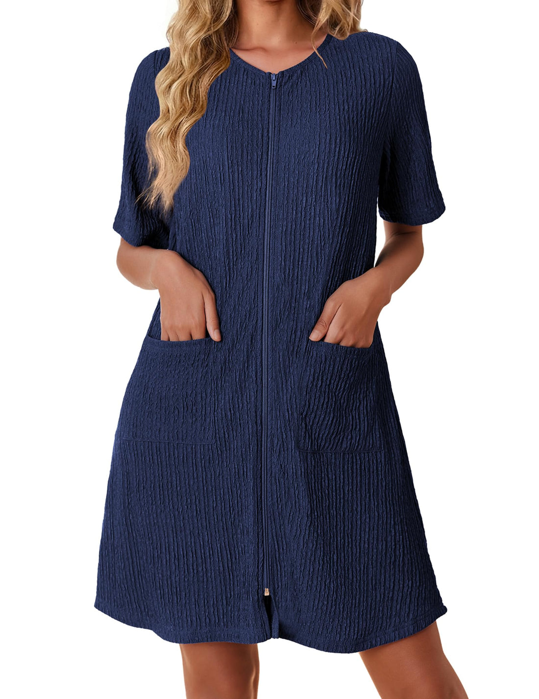 Ekouaer Women Zipper Robes Knit Short Bathrobe Lightweight House Coat with Pockets Soft Nightgown S-XXL WEBE CLOTHING