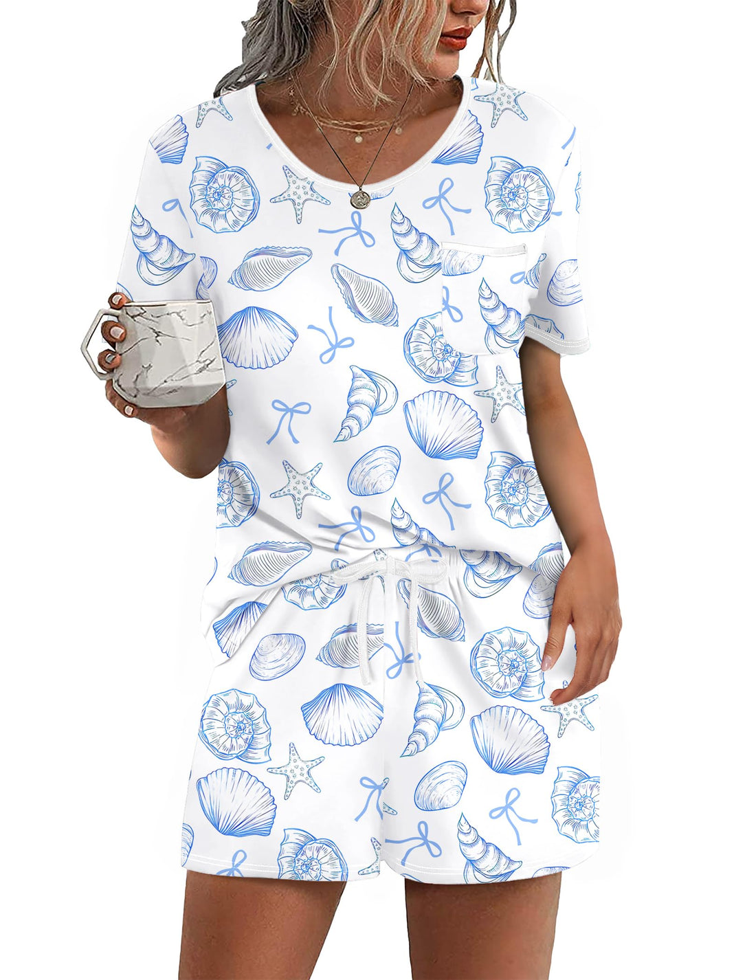 Ekouaer Pajama Set for Women 2 Piece Lounge Set Short Sleeve Tops and Shorts Soft Sleepwear, Chest Pocket