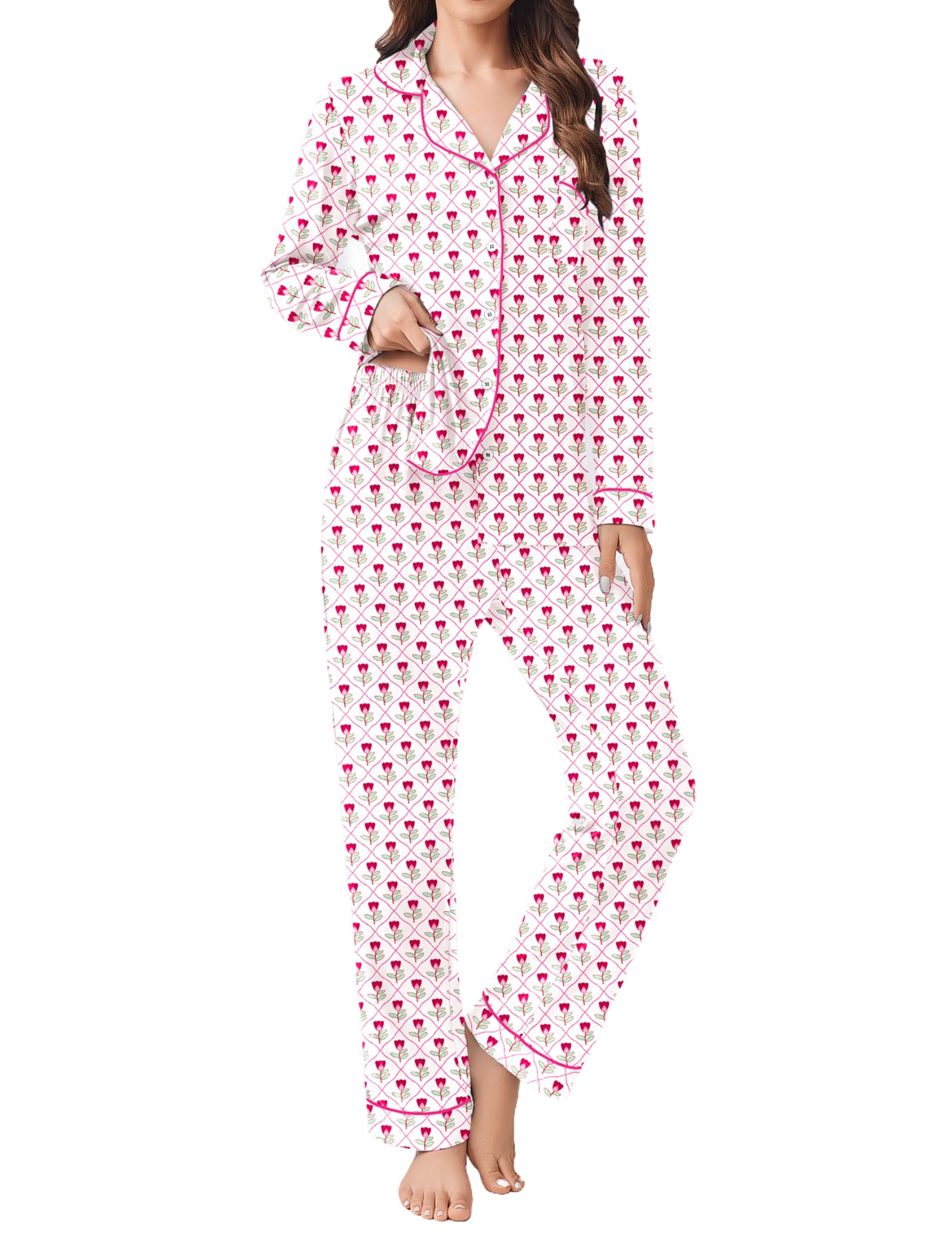 Ekouaer Womens Pajamas Set 2 Piece Button Down Pjs Soft Long Sleeve Top and Pants Sleepwear Set Lounge Sets