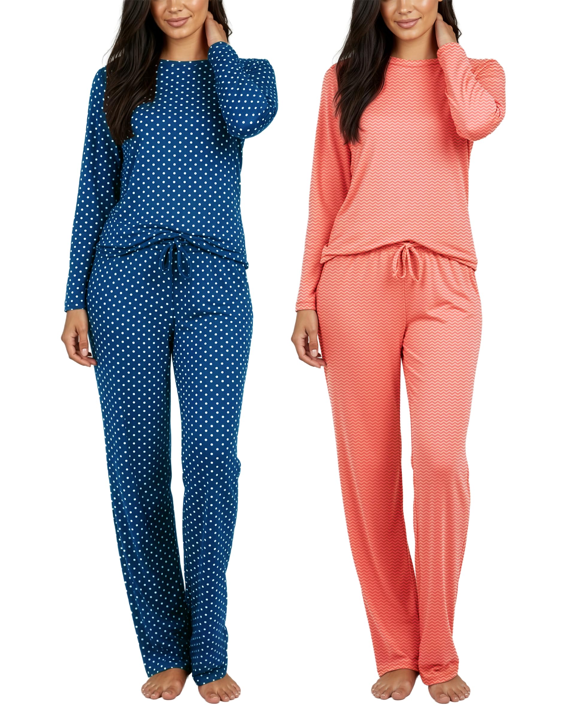 Real Essentials 2 Pack: Women's Long Sleeve Pajama Sets - Soft Comfy 2 Piece PJ Set Matching Ladies Sleepwear (Plus Size)