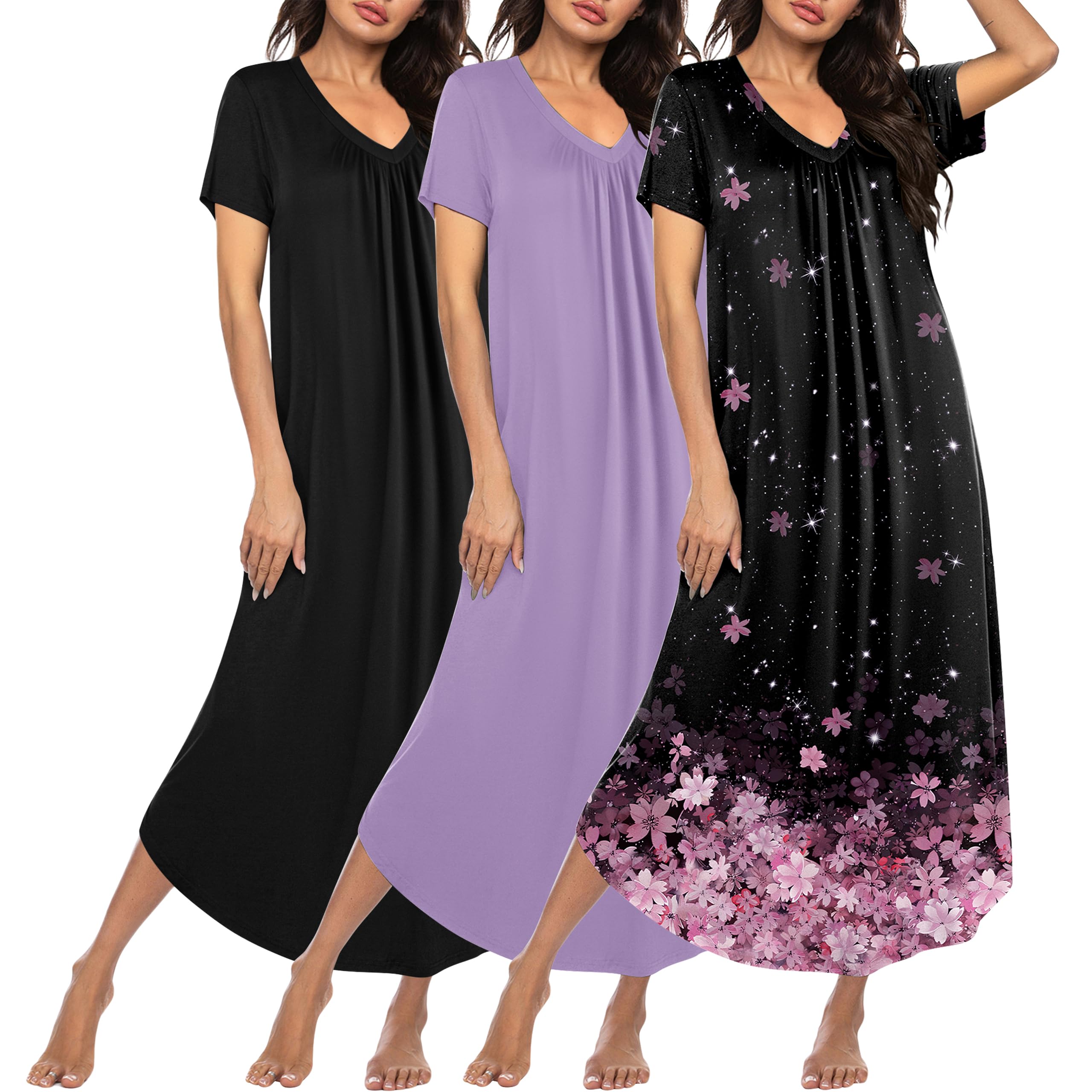 Ekouaer Long Nightgowns for Women 3 Pack House Dress Plus Size Moo Moos | V Neck Night Gowns,Short Sleeve Sleep Dress,Ladies Lounge Dress,Soft Sleep Shirt,Casual Night dress for Sleeping,Daily Wear WEBE CLOTHING