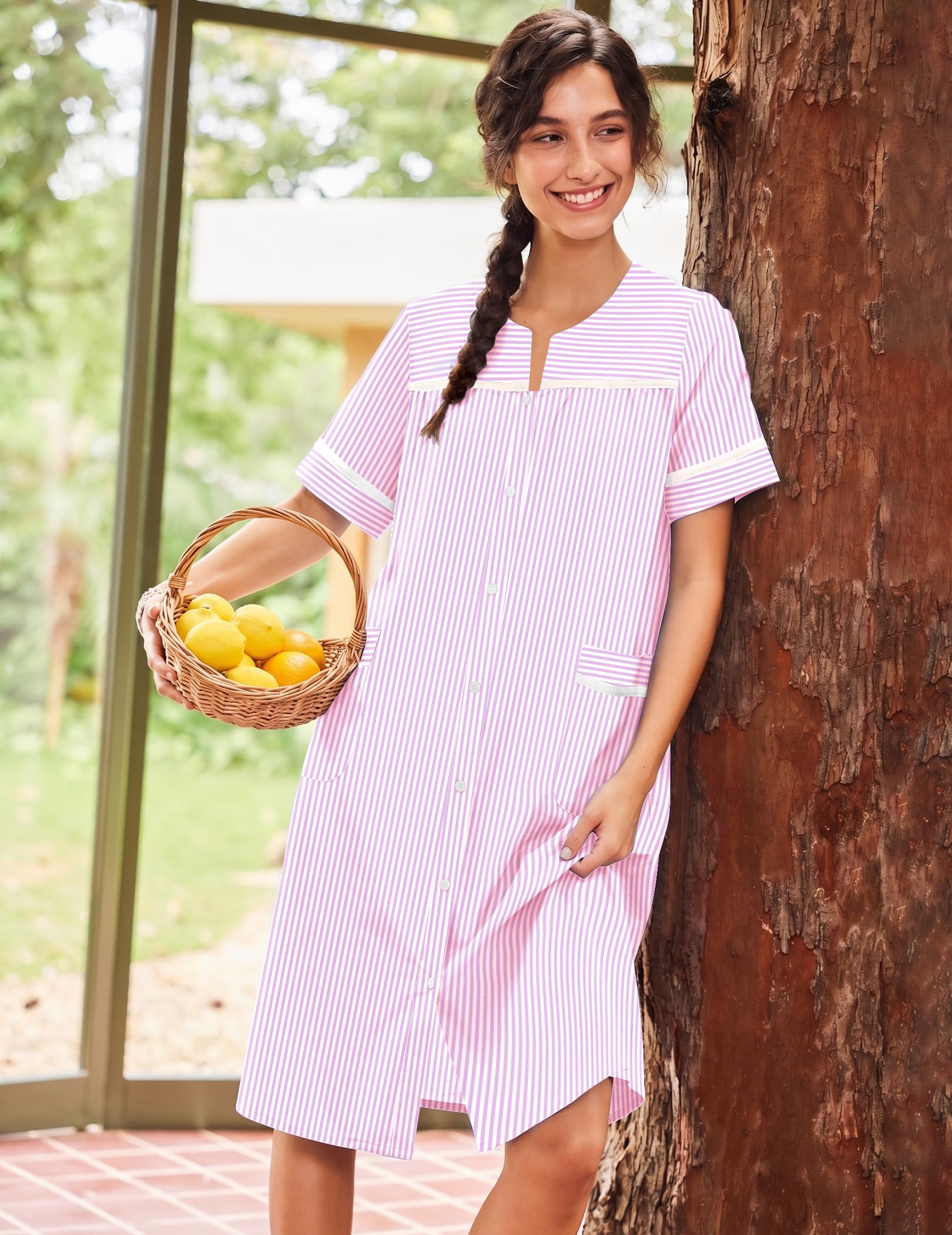 Ekouaer House Dress for Women with Pockets Duster Button Down Nightgown | Nightgowns for Women, Button Dwon House Dress with Pockets, Short Sleeve Duster Housecoat, Moo Moos for Elderly, Mumu Dress WEBE CLOTHING