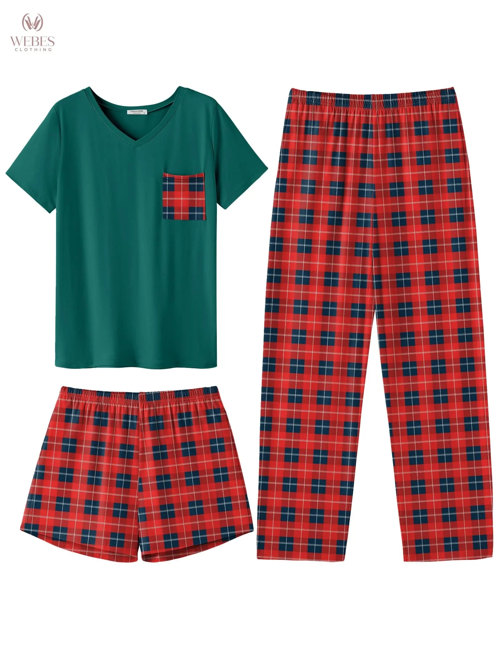 Ekouaer Women's 3 Piece Pajama Set Short Sleeve Sleepwear Pj Set Top and Shorts Pants Pjs with Pockets WEBE CLOTHING