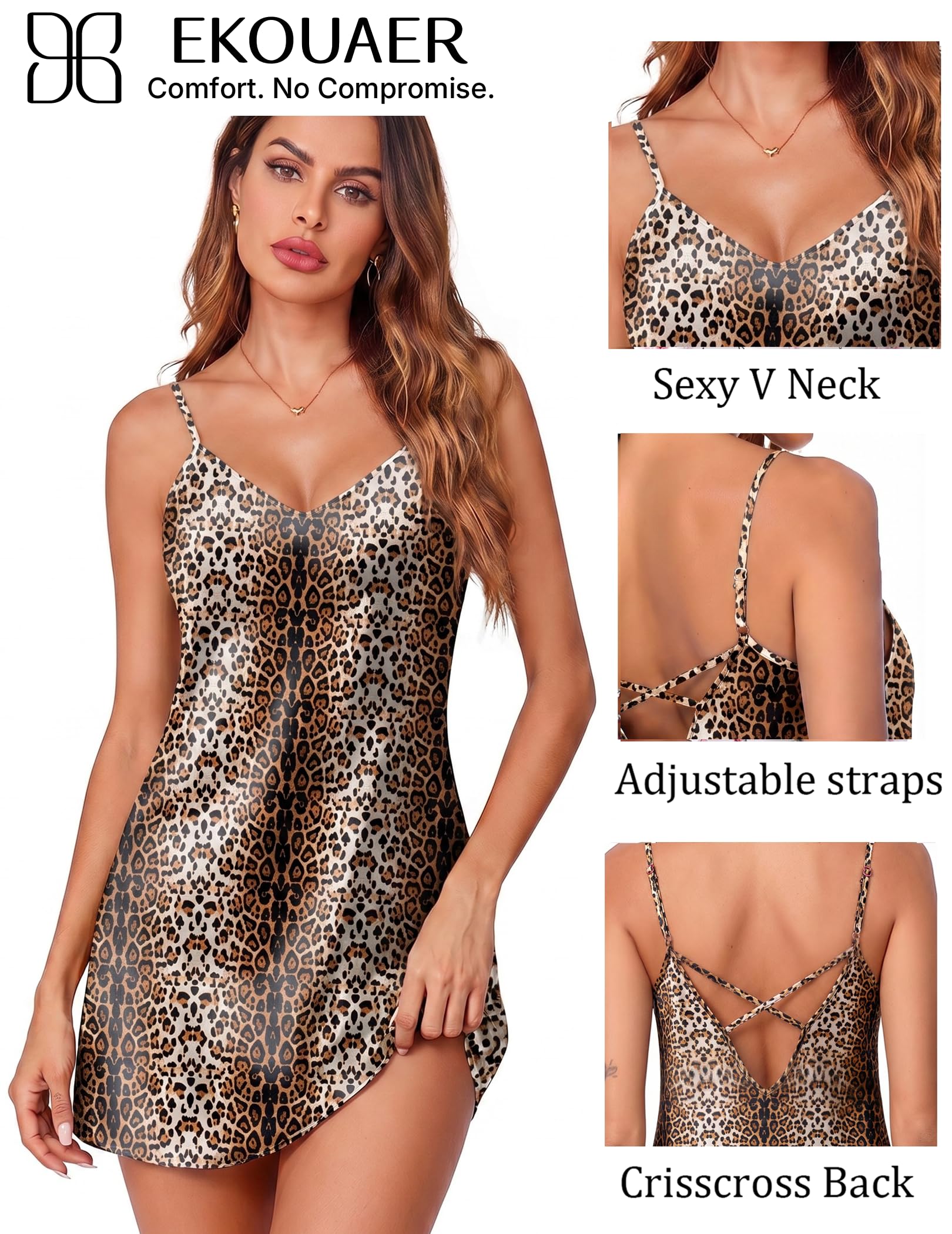 Ekouaer Women's Satin Chemise Nightgown Sleeveless Slip Sleepwear S-2XL WEBE CLOTHING