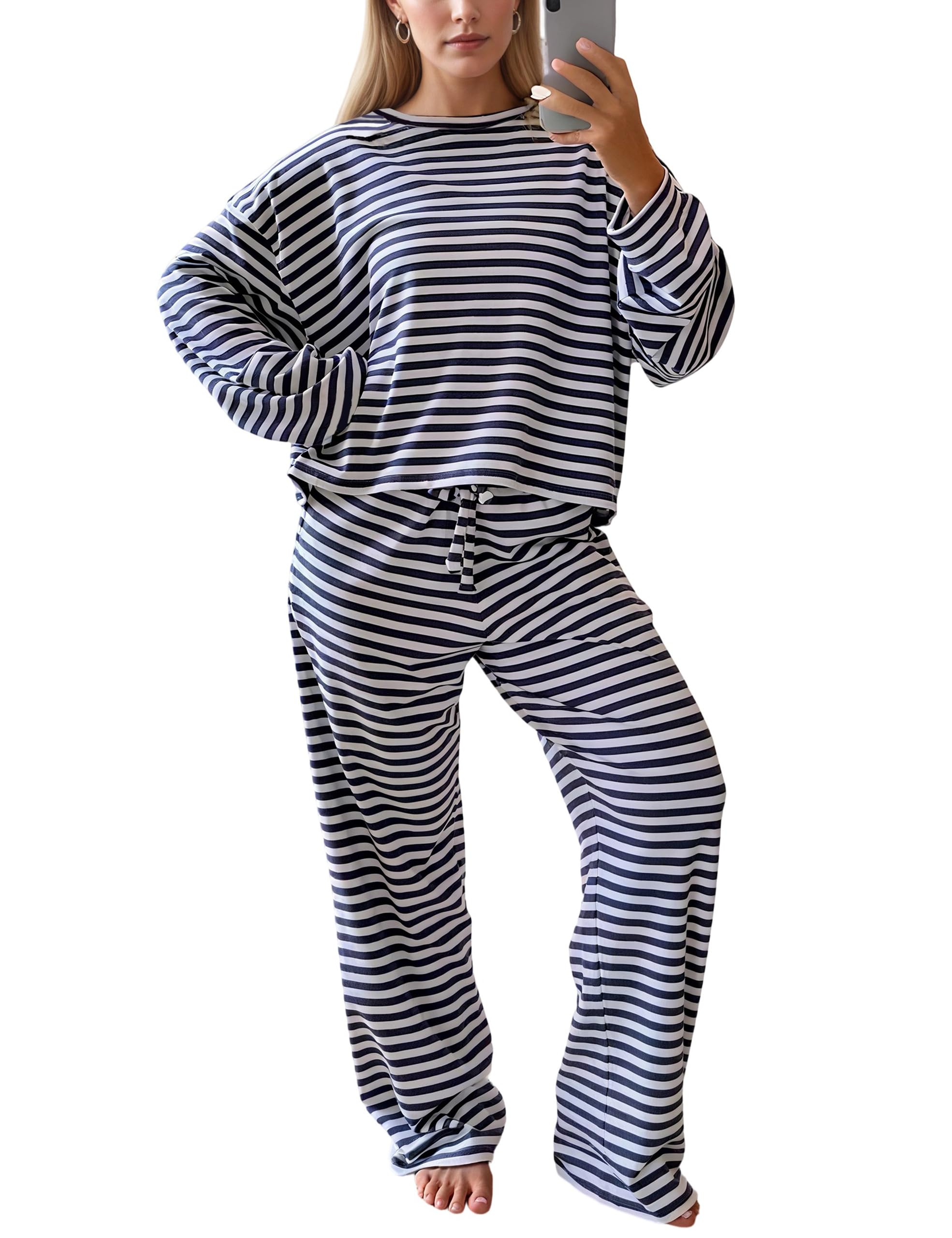 MISSACTIVER Women's Striped 2 Piece Lounge Set Casual Long Sleeve T-Shirt Drawstring Wide Leg Pants Matching Pajamas Set