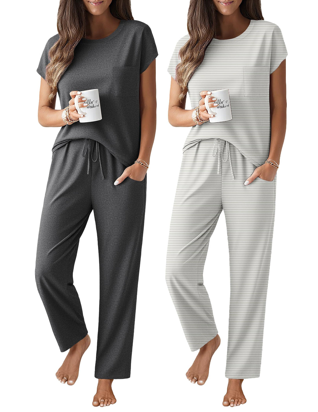 Ekouaer 2 Packs Pajamas for Women Set Cap Sleeve Top and Pants Soft Sleepwear Comfy Pjs Set with Pockets Loungewear