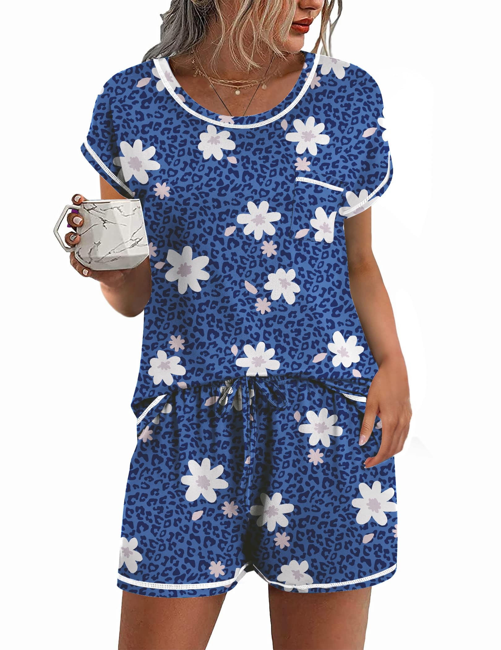 Ekouaer Womens Pajama Sets 2 Piece Soft Short Sleeve Top and Shorts Sleepwear Round Neck Pjs Lounge Set with Pockets