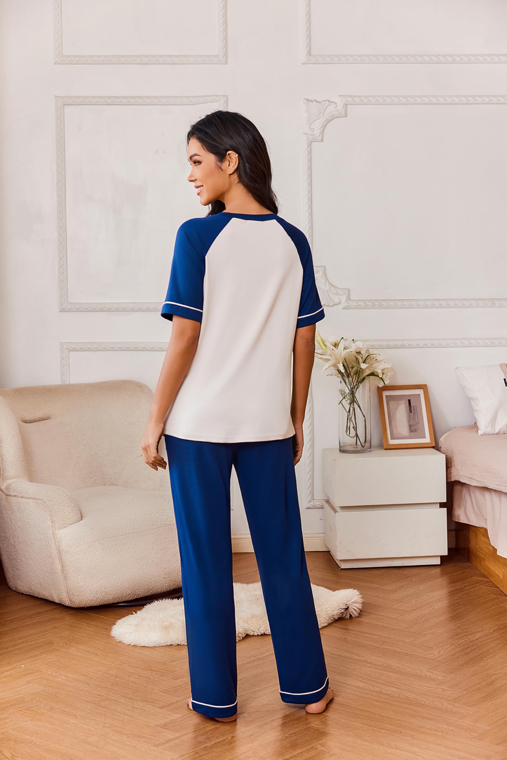 Ekouaer Womens Pajama Set Short Sleeve Pajamas Top and Pants V Neck Pjs Set Soft Loungewear with Pockets