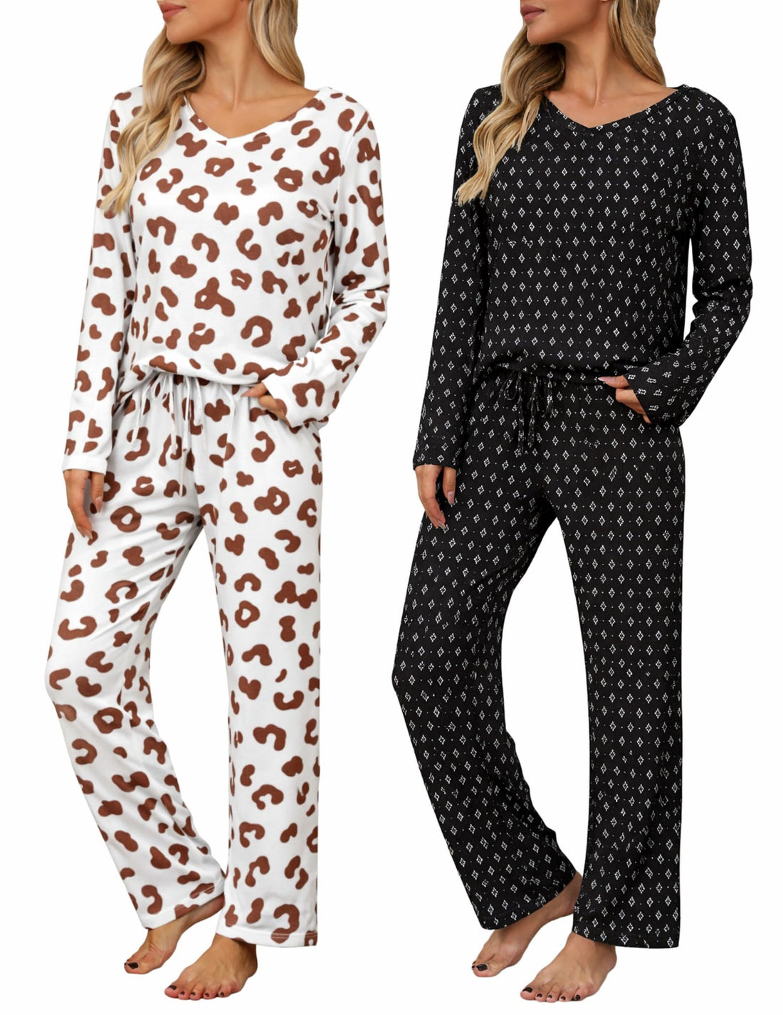 Ekouaer Womens 2 Pack Pajama Set Long Sleeve Pajamas Top and Pants V Neck Pjs Set Soft Loungewear with Pockets