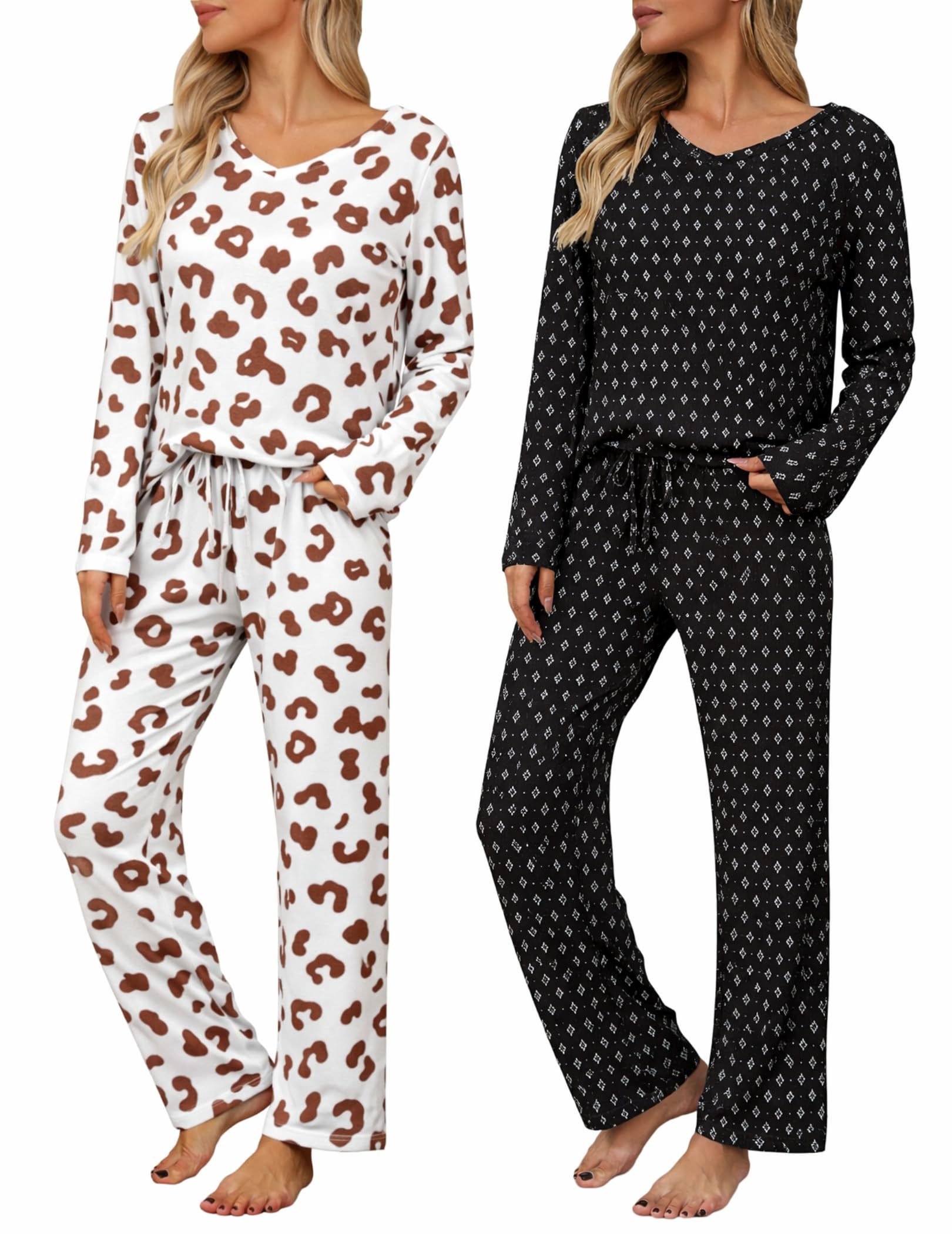 Ekouaer Womens 2 Pack Pajama Set Long Sleeve Pajamas Top and Pants V Neck Pjs Set Soft Loungewear with Pockets