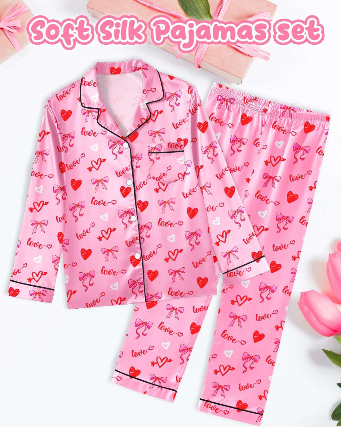 Sylfairy Girls Pajamas Silk PJS Set Satin Sleepwear Long Sleeve Jammies for Kids Button-Down Nightwear Loungewear 3-16 Years