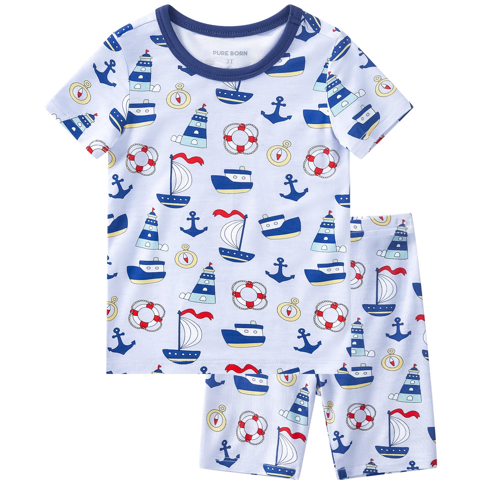 pureborn Baby Viscose from Bamboo Pajama Set Boys Sleepwear 12M-8Y | Short sleeve, cooling fabric, snug fit, buttery soft, gentle skin touch, stretch, breathable lightweight sleepwear