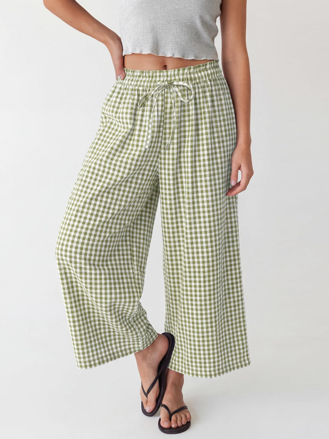 ANRABESS Womens Striped Gingham Palazzo Capri Pants Pajama Wide Leg Lounge Trousers Plaid Cute Crop PJ Bottoms with Pockets