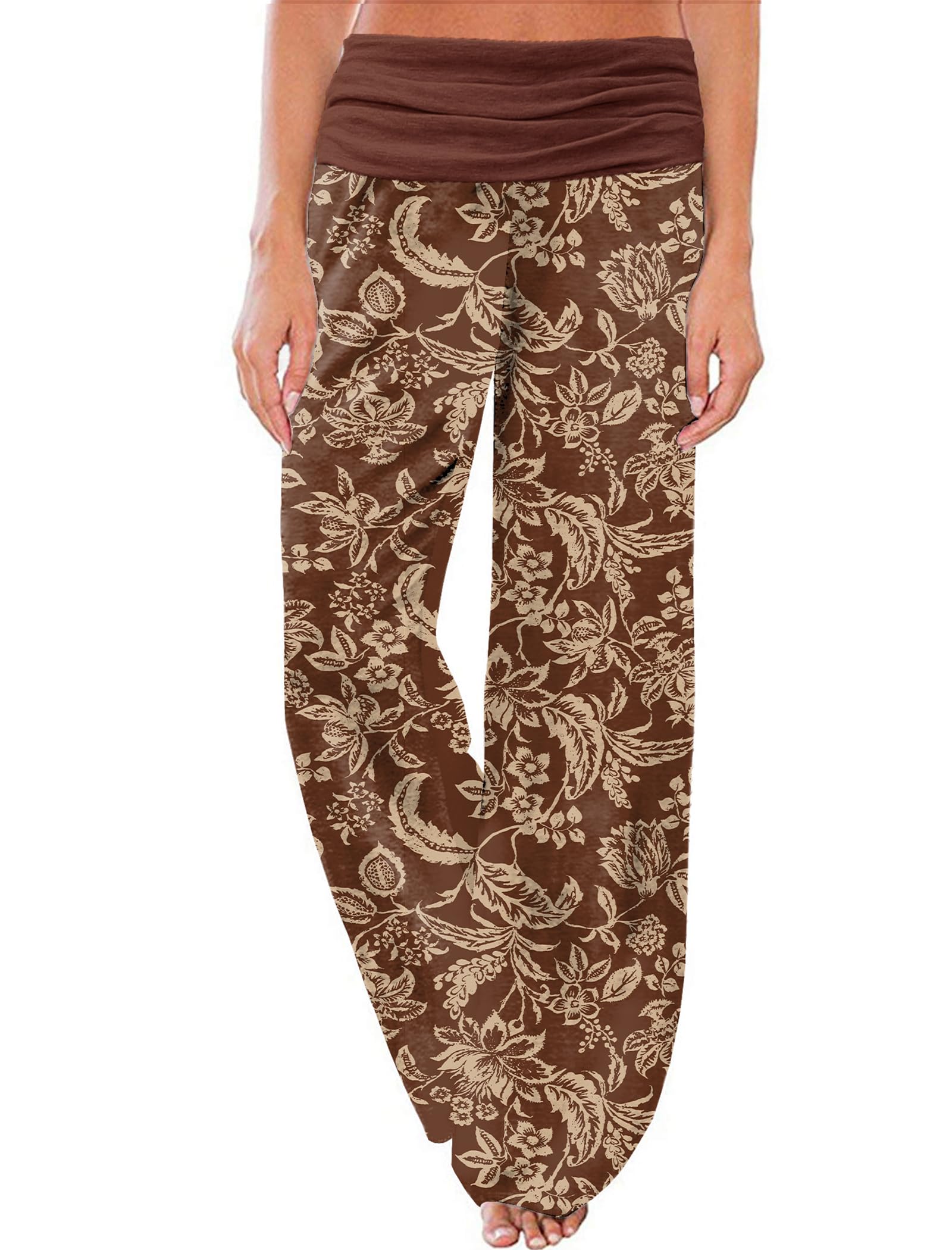 Gracyoga Women's Comfy Pajama Pants Wide Leg Lounge Palazzo Yoga Pants Stretch Casual Floral Print Fold Waist Pants