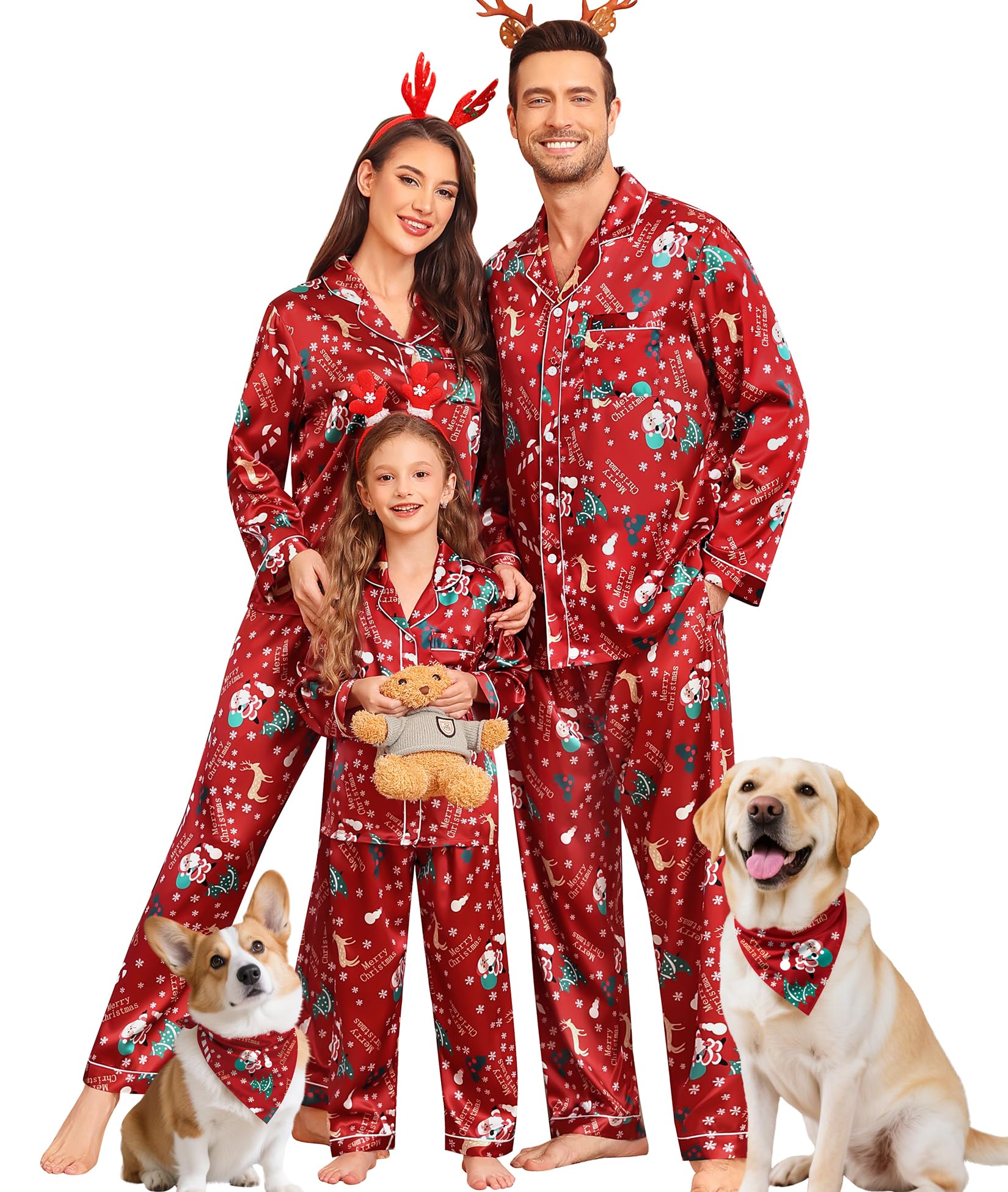 SWOMOG Family Matching Pajama Set Women/Men/Kids Satin Pajamas Long Sleeve Sleepwear Button Down Loungewear 2 Pcs Pj Set