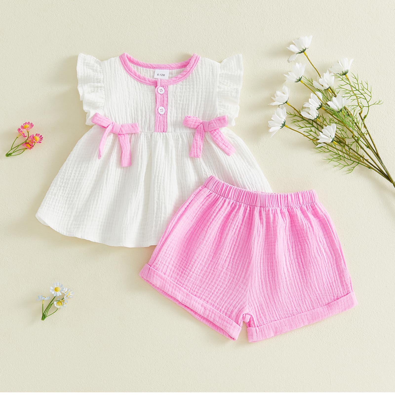 Amnnchya Toddler Girl Clothes Baby Summer Spring Outfits Cute Bow Button Smocked Ruffle Sleeve Tops ＋ Girls Shorts Set WEBE CLOTHING