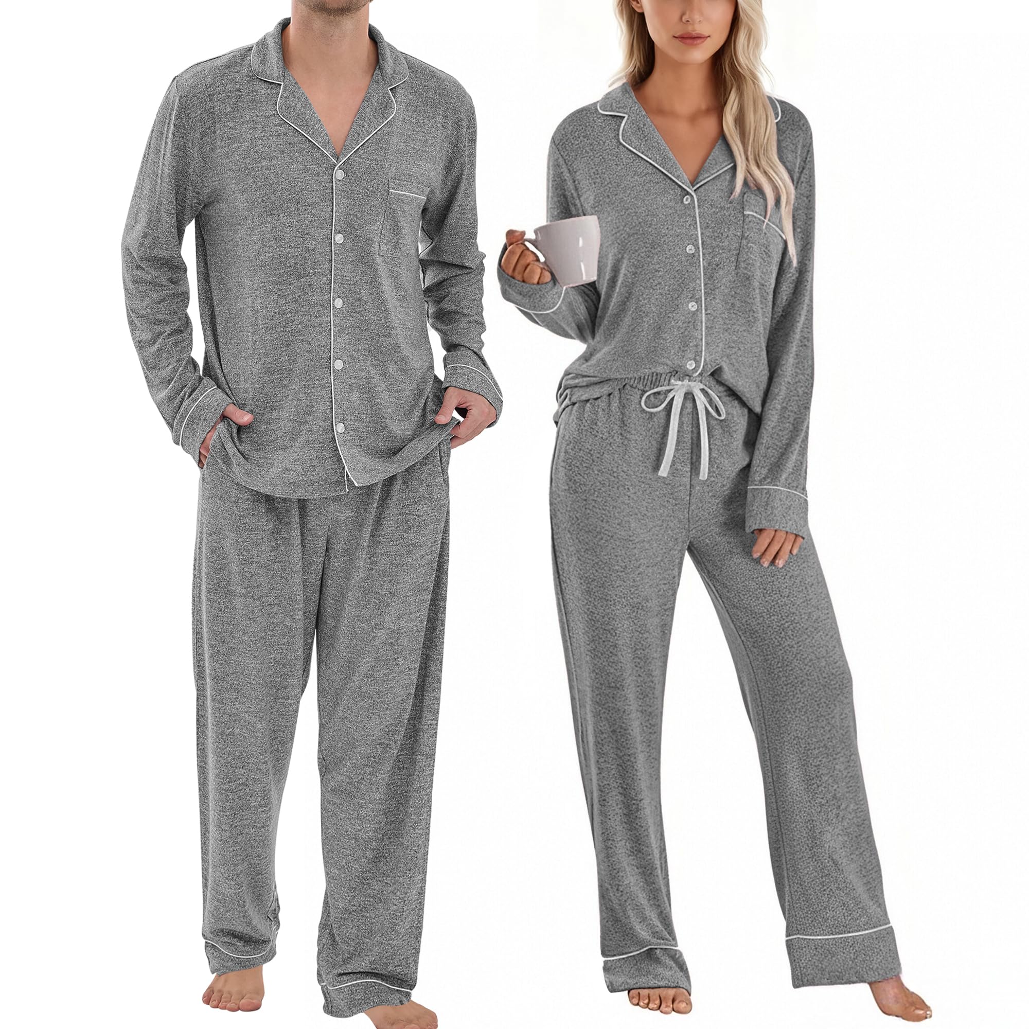 PJGGZ Matching Pajamas for Couples, Button Down Loungewear Soft Warm Long Sleeve Sleepwear His and Hers Pajamas Sets WEBE CLOTHING
